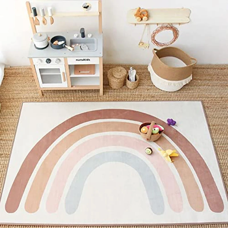 Cute Rainbow Carpet Printed Play Mat Faux Sheepskin Baby Game Kids
