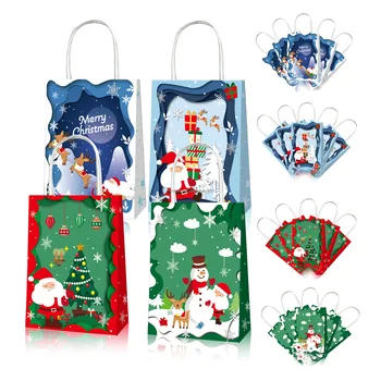 Huancai 12 pcs Merry Christmas gift bags with handles kids candy bag green tree design party favors kraft paper tote hand bags
