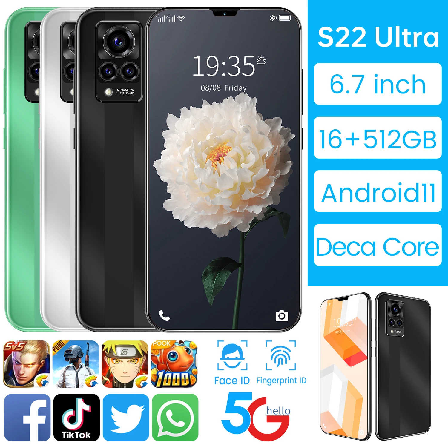 
 7,3 дюймов глобальная версия S22U смартфона мобильного телефона высокого качества 4G 5G полный экран 512 ГБ аппарат не привязан к оператору сотовой связи мобильных телефонов Android  