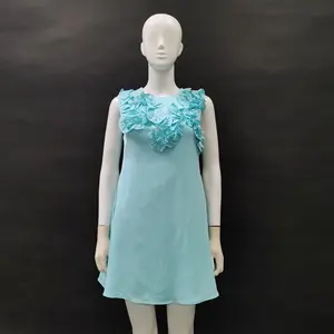 Vintage Fashion Elegant Neck Sleeveless Mini Dress New Three-dimensional Flower Collage Solid Color Slimming Casual Dress