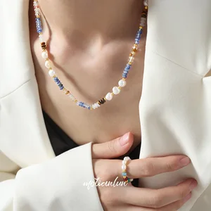 New Design Women Bohemian Style Freshwater Pearl Multicolor Beaded Necklace Abacus Shape Natural Stone Necklace