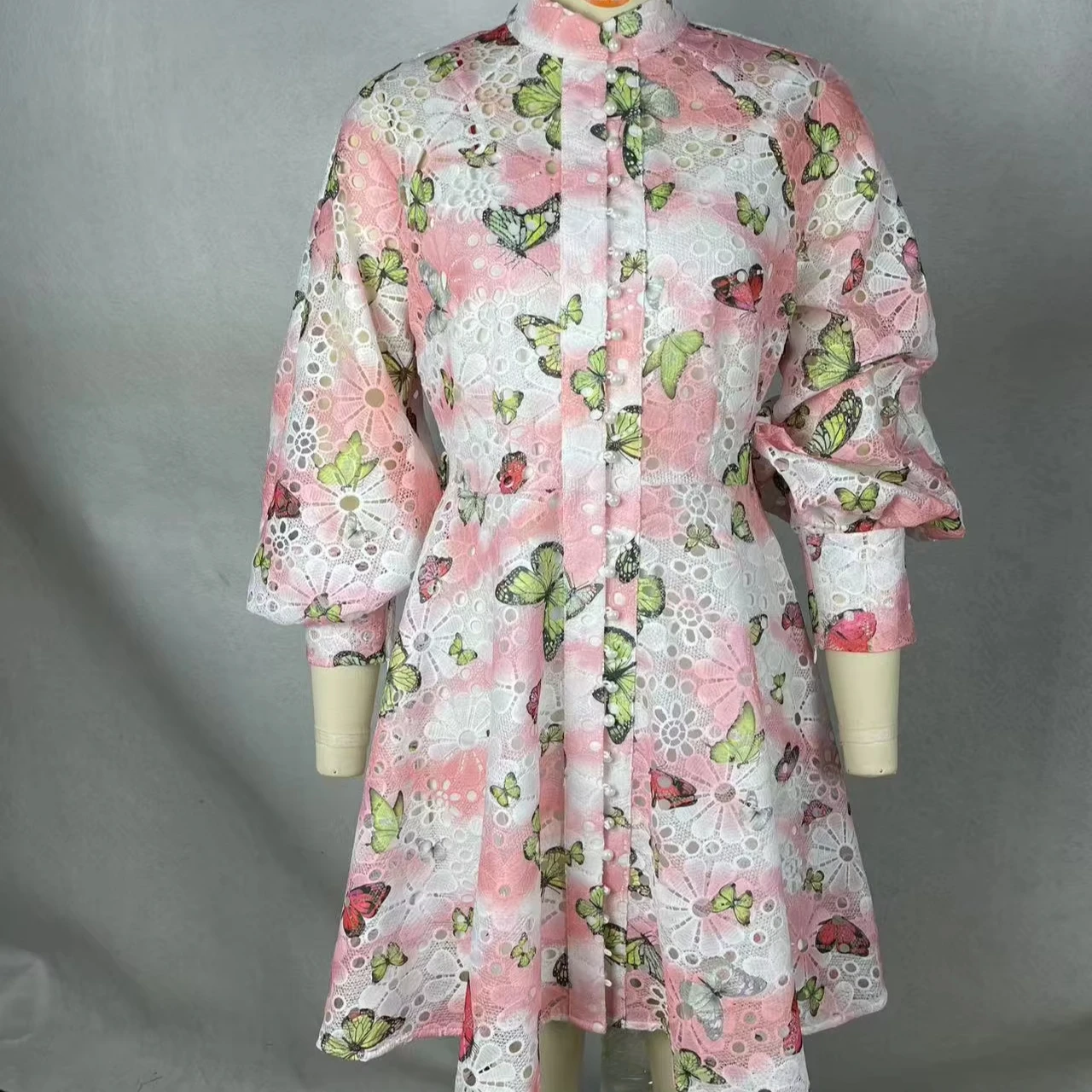 Beautiful Knee-length Dress Embroidered Floral Patterns Butterfly Prints Woven Digital Printing Button Decoration Natural - Image 1