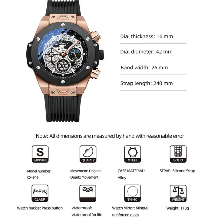 Chenxi 949 Quartz Luminous Watch Brand Luxury Original Waterproof Watches Business Style Silicone Band Sport Wristwatch for Men