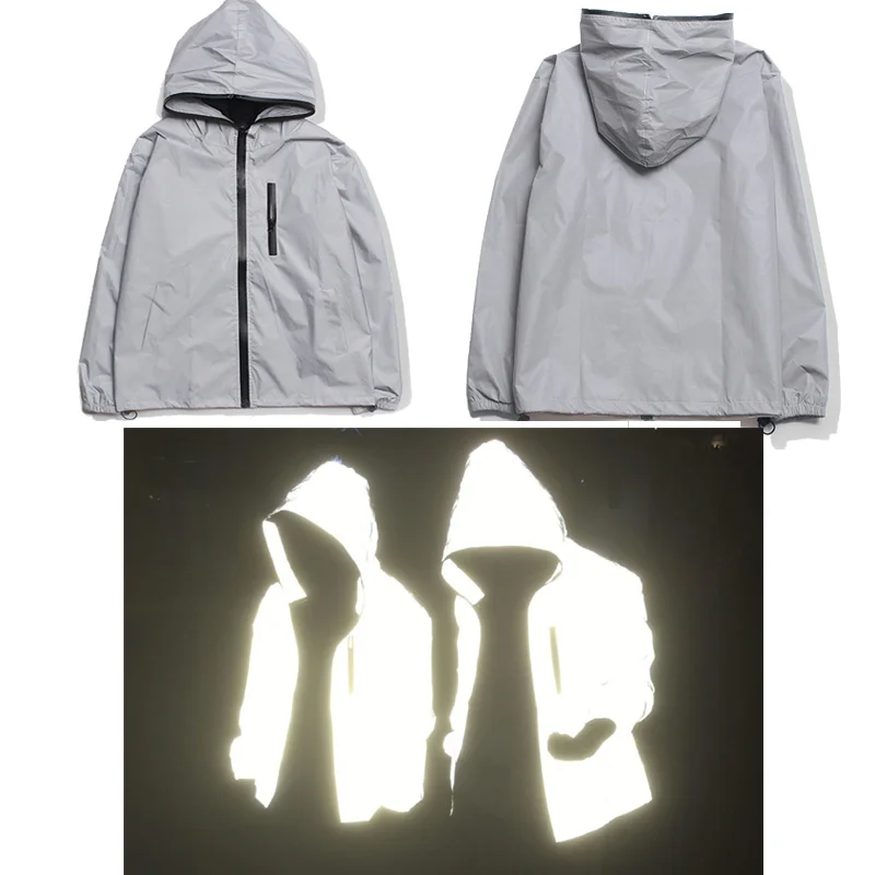 Fashion Design Night Full Reflective Jacket Hooded Hiphop Streetwear Zipper  Waterproof Windbreaker Coat - China Reflective Jacket and Safety Coat price