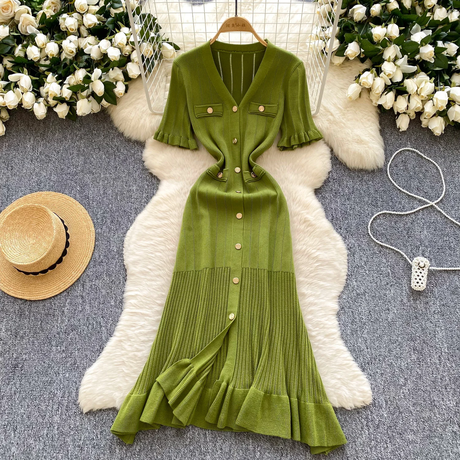 Dresses for Ladies LW1367 Vintage-Inspired Women'S Knit Dress With Flounce  Hem - Elegant and Timeless Long Dress Ladies Clothes