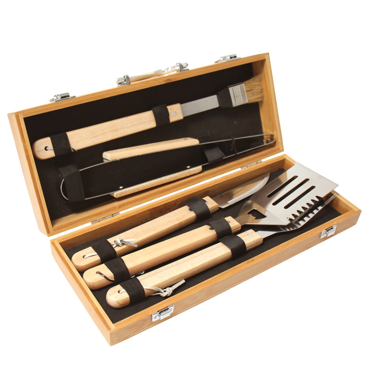 Grill Set Barbecue Accessory Bbq Wooden Tool Box Bamboo Wood Handle 5 ...