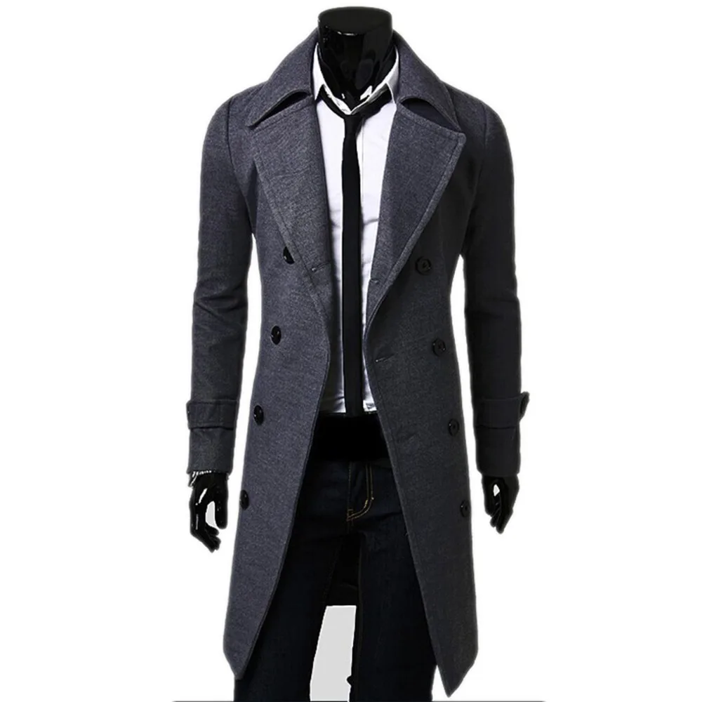 Fashion Autumn Long Trench High Quality Self-cultivation Solid Color Men's Coat Double-breasted Jacket_voghion.com