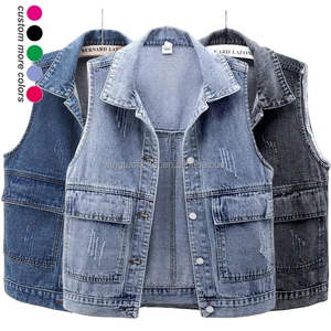 Wholesale Waistcoat Summer Short Crop Top Vests Outwear Jackets Sleeveless Loose Big Pocket Denim Vest Jacket Women