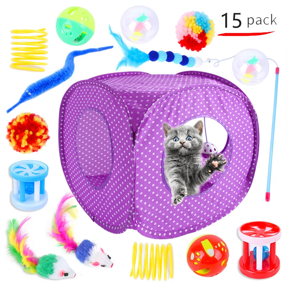 Interactive Cat Toy Set Kitten Toys Pack Tunnel Cat Feather Teaser Wand