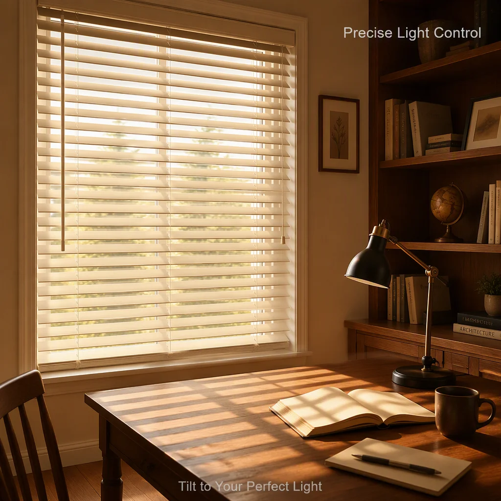 50mm Cream Solid Wood Venetian Blinds Painted Color Tilt Wand Pull Cord Ladder String Built-In Every Day Custom Size OEM Factory