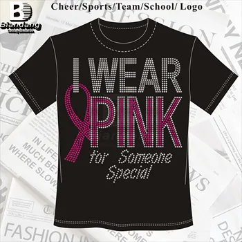 Fashion Pink Ribbon Rhinestone Logo Heat Transfer Design Custom Sparking Rhinestone Heat Transfers for T Shirt
