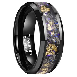 Coolstyle Jewelry 8mm Mens Womens Fashion Engagement Wedding Band Meteorite Purple Blue Foil Inlay Black Tungsten Carbide Rings