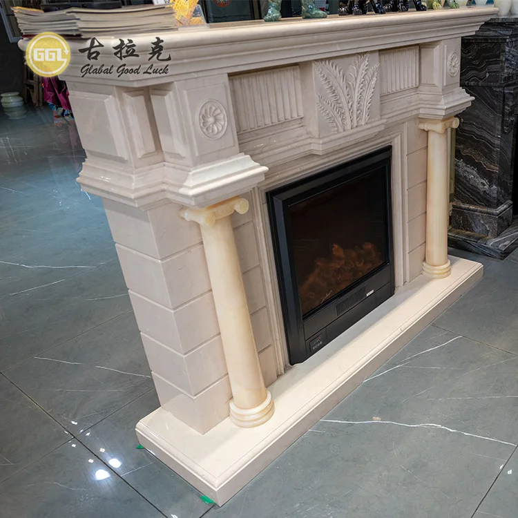 Home Fireplace Decorative Mantels Hand Carved White Marble Fireplace Mantel Surround