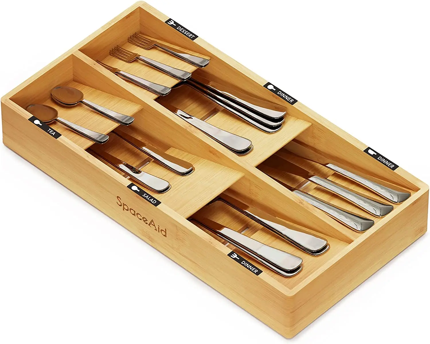 6 Slots CBamboo Silverware Drawer Organizer with Labels, Kitchen Utensil Tray Holder Organizer for Flatware, Cutlery,