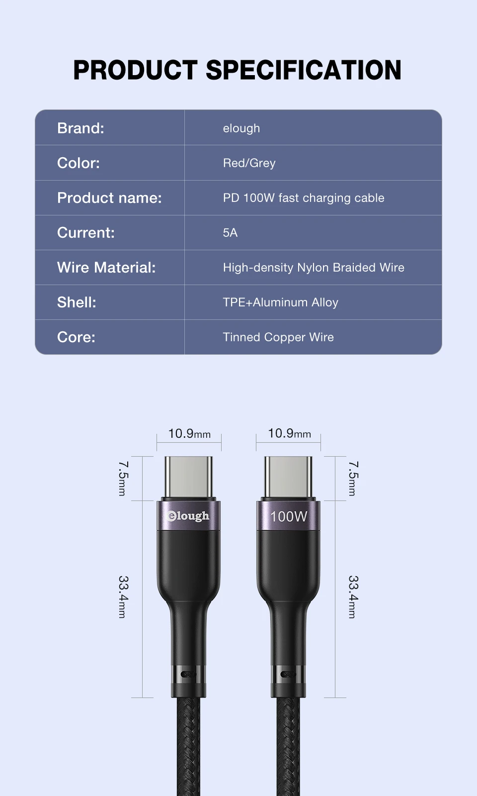सैमसंग के लिए eLough 100W टाइप सी से टाइप सी केबल फास्ट चार्जिंग चार्जर एंड्रॉइड