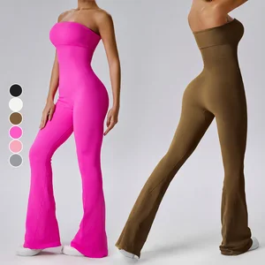 Women's New Summer Strapless Back Yoga Outfit Tight Fitting Dance Sports Fitness Jumpsuit Hip Lifting Seamless Bodysuit