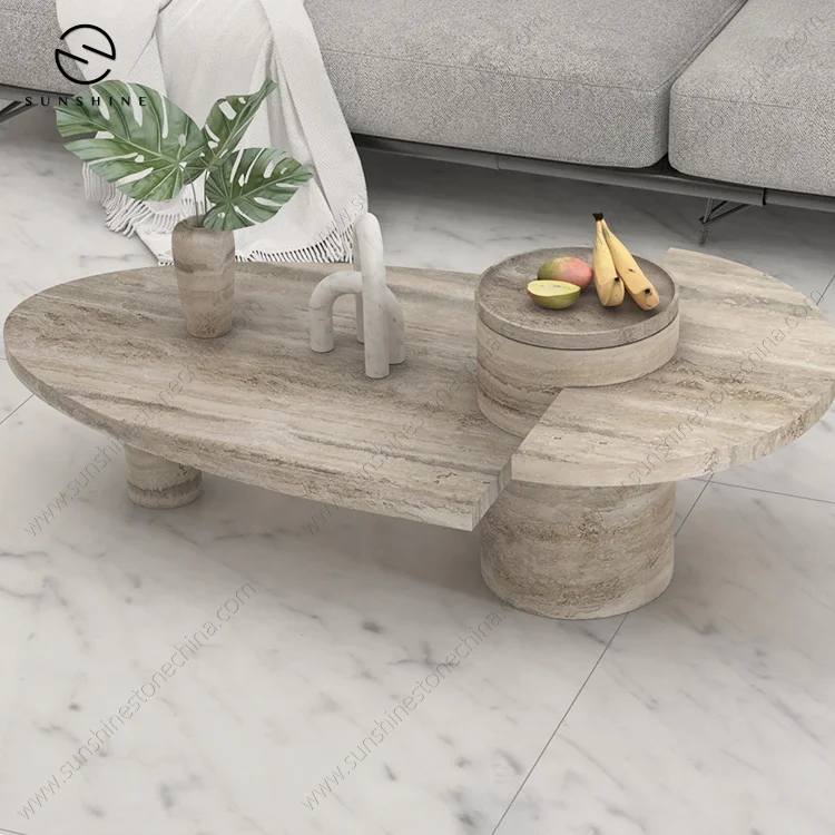 Coffee Table Set Luxury Modern, Contemporary Abstract Style 3 Pieces Fancy Silver Grey Travertine TV Stand Coffee Table