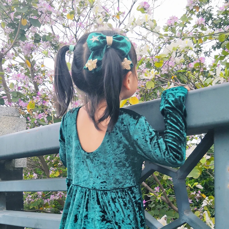 Junior Toddler Newborn Infant Scoop Back LITTLE GIRLS GREEN VELVET FLUTTER  Sleeve Solid Green Velvet Dresses Designs
