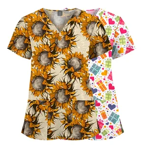 Quick Drying Printed T-Shirt Short Sleeved V-Neck Dental Oral Washing Clothes Beauty Salon Pet Doctor Nursing Scrubs Uniform