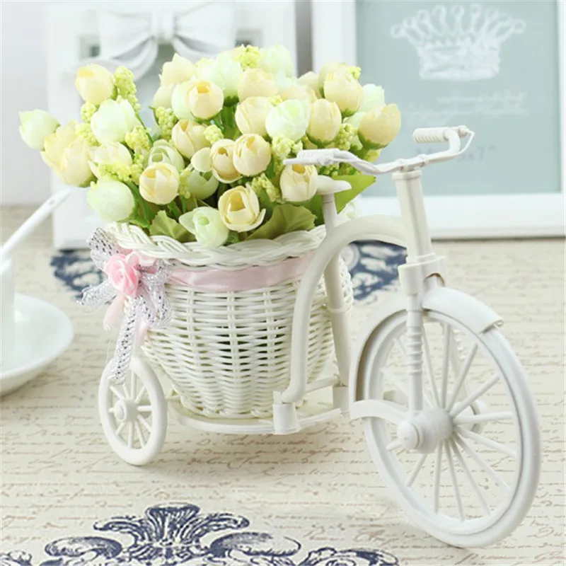 Colorful Silk Rattan Bike Vase With Mini Rose And Daisy Flowers