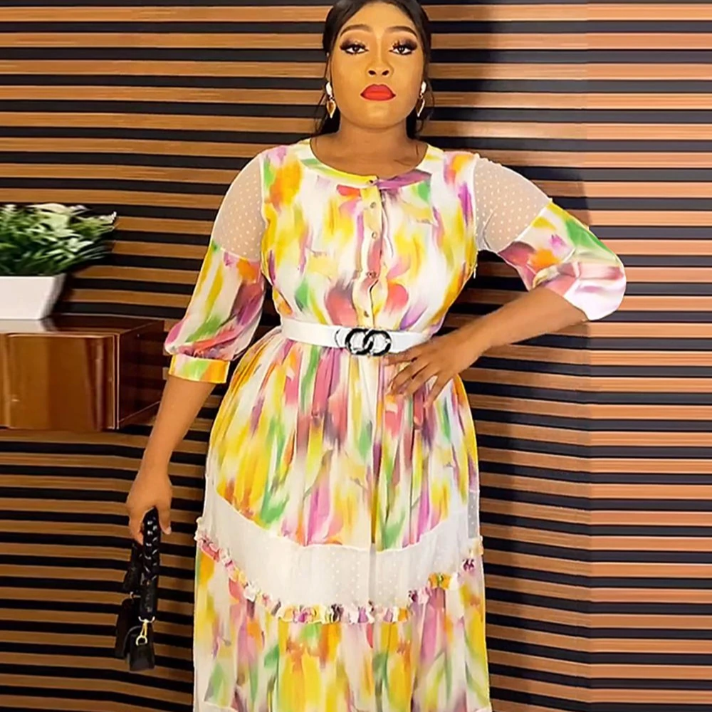 Fashion Cascading Ruffle Dress Floral Printing Chiffon Dress Summer Women Long Sleeved Ladies Dress Fashion Cascading Ruffle Dress Floral Printing Chiffon Dress Summer Women Long Sleeved Ladies Dress
