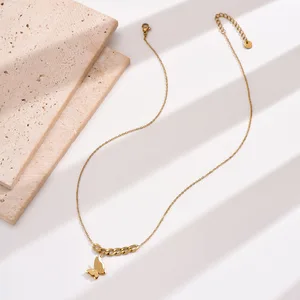 Red Fashion Design High Sense Vacuum Plating Stainless Steel Sporty Bamboo Chain Butterfly Women's Pendant Necklace