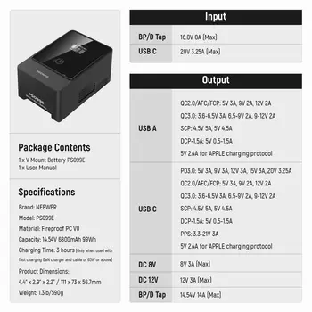 Photography Studio V Mount Battery NEEWER 6800mAh 99Wh 14.5V Mini V Mount Battery for  Digital Camera Laptops Phones product image