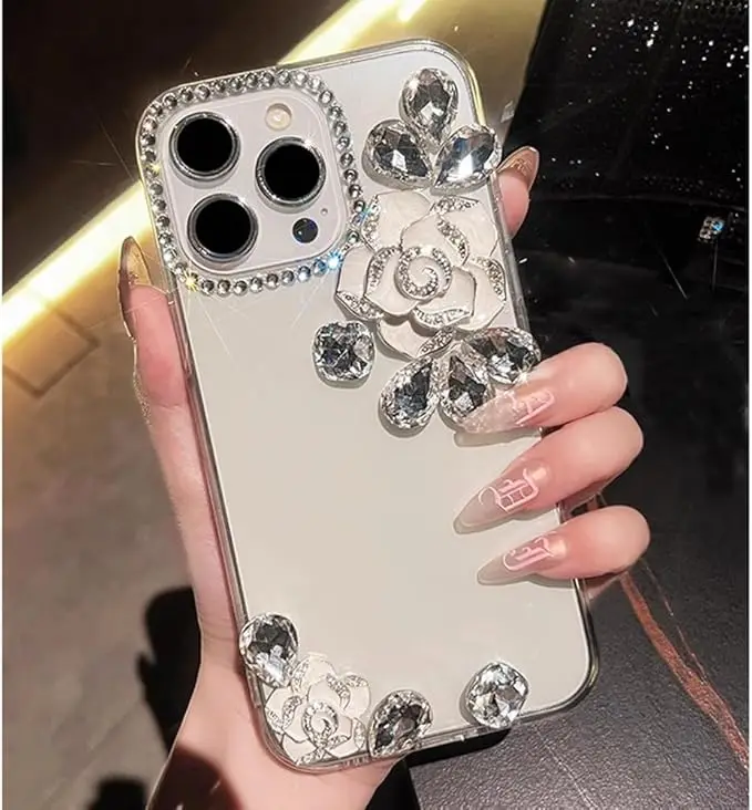 Laudtec Bling Diamant Paillettes Fleur de Camélia Étui pour iPhone 16 Mignon Étincelant Brillant Gemme Cristal Luxueux Étui de protection clair