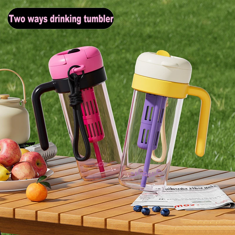 900Ml 30Oz Plastic Tumbler With Handle Straw Handgrip Two Drinking Way Bpa Free Water Bottles