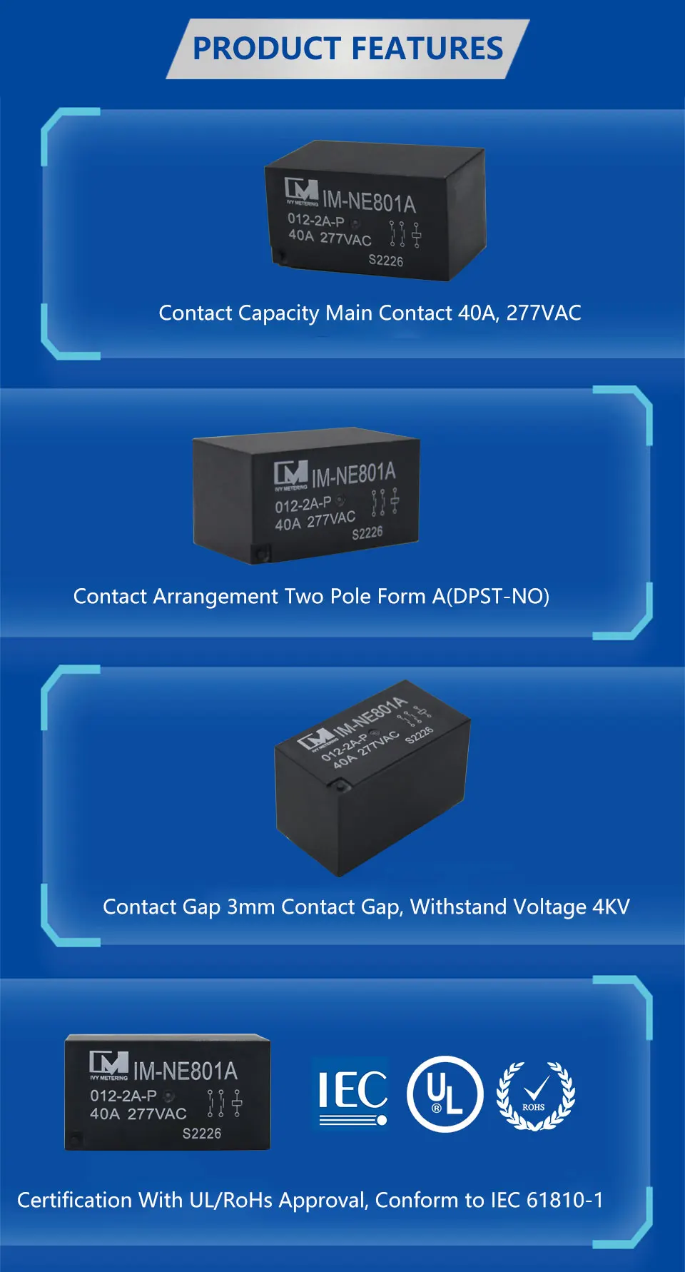 Ul508 Iec618511 40a 230vac Coil 12vdc Pcb Non Latching Dpst Power