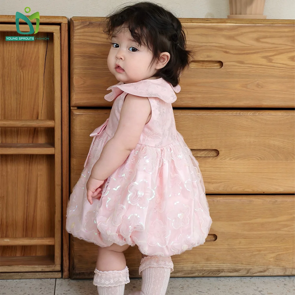 Korean Solid Cotton Dress for Girls Custom Pink Tutu Baby Frock
