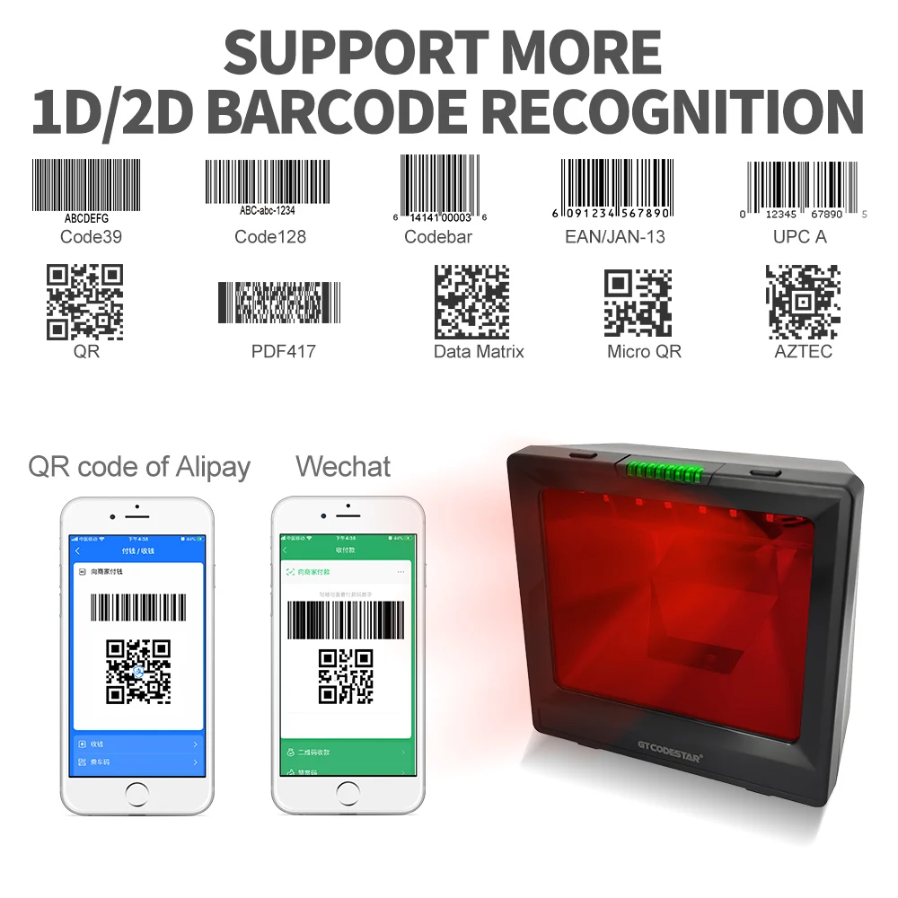Supermarket Omni Direction 2D CMOS Desktop Fixed Mount Barcode Scanner Big Window Hands Free Auto Scanning Platform Reader