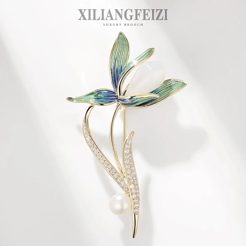 XILIANGFEIZI Clearance Sale Brooches Jewelry Zircon Enamel Natural  Freshwater Pearl Natural Jade Magnolia Flower Wedding Gift