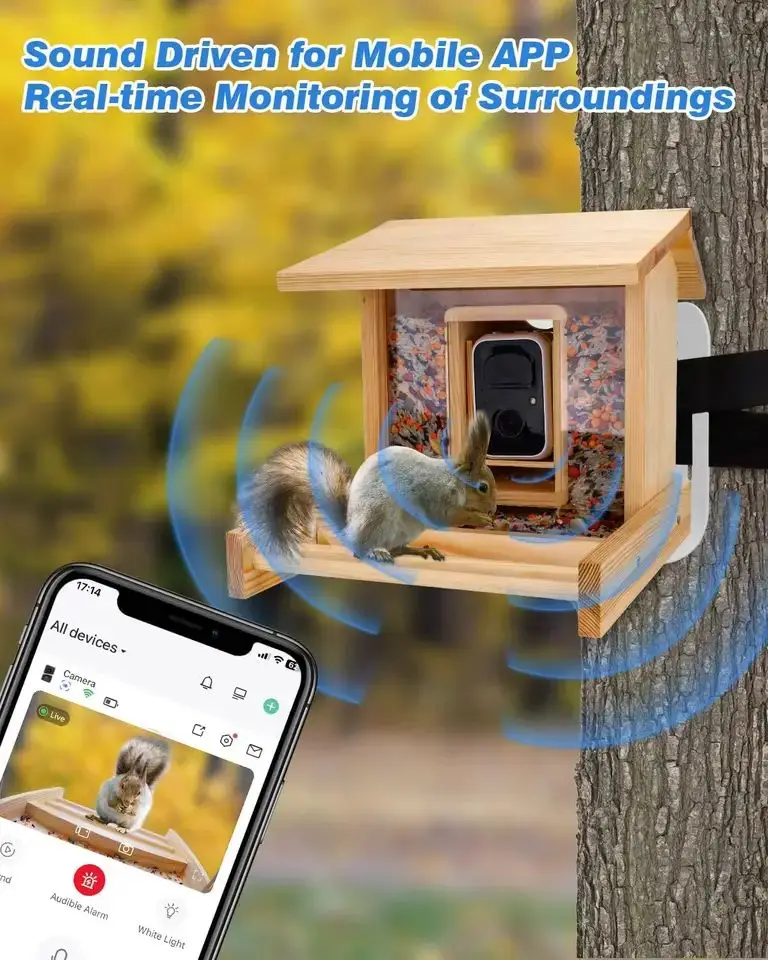 Custom Wooden Smart Bird Feeder With Hd Camera Auto Notify & Automatic