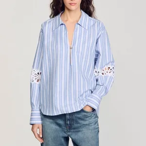 New Style Heavy Industry Vertical Stripes Hollow Hook Pattern Dropped Shoulder Sleeves V-neck Long-sleeved Shirt