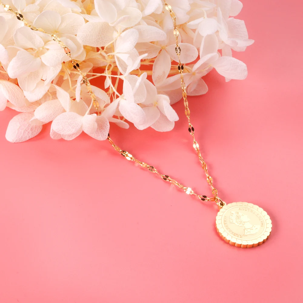 패션 퀸 엘리자베스 코인 펜던트 스테인리스 스틸 빈티지 쇄골 골드 이중 레이어 체인 목걸이 유니섹스용