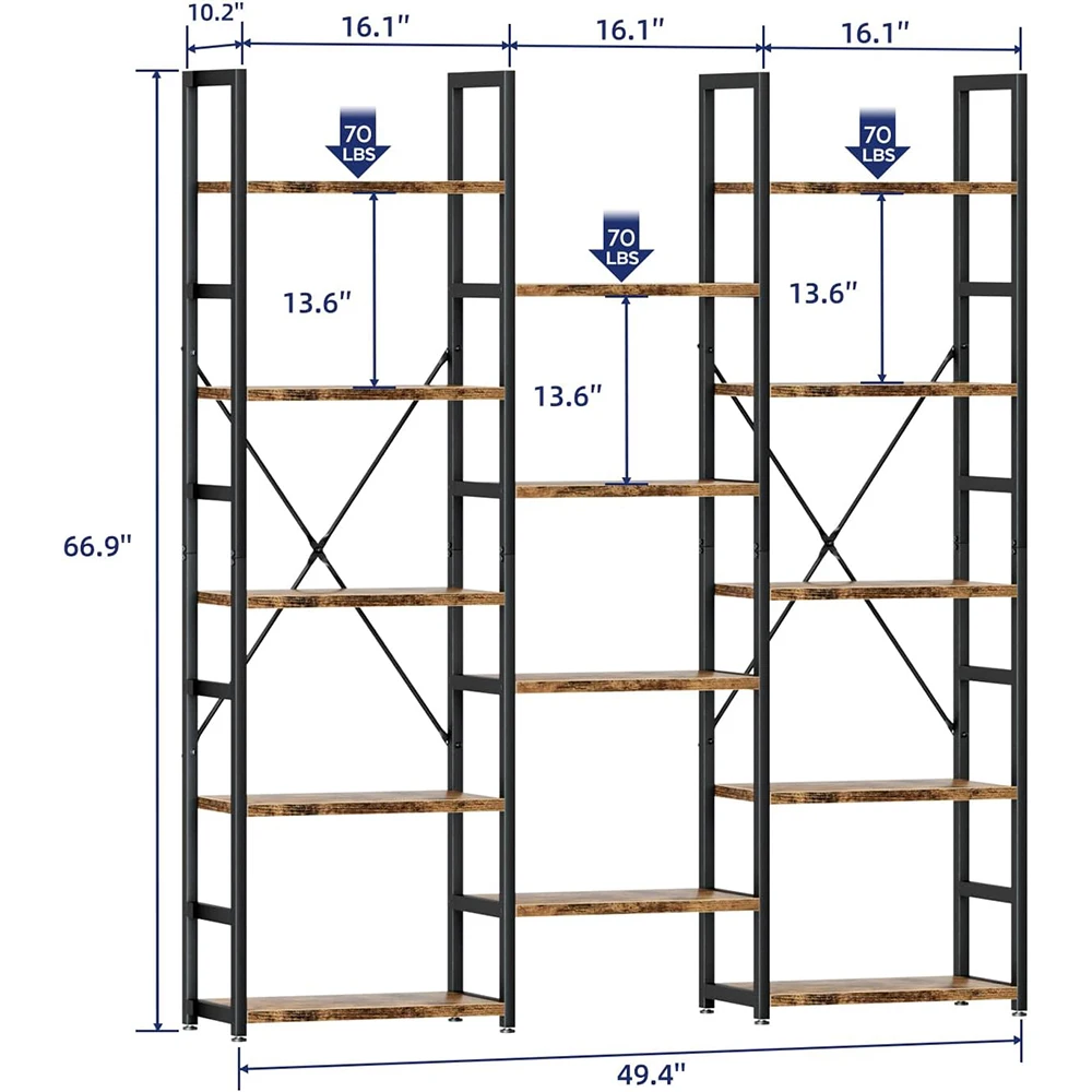 product nu deco mh26017 triple column 5 tier adjustable rustic industrial modern bookshelf 14 open display shelves for bedroom living-2