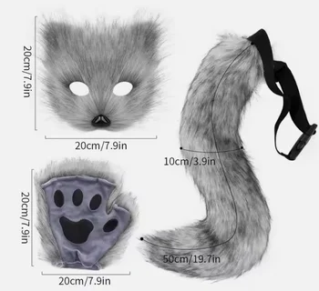 Wholesale Damai Fox Tail Cat Wolf Role Playing Set Plush Mask Fluffy Claw Gloves Halloween Girls Party Women Imitation Fur Tail