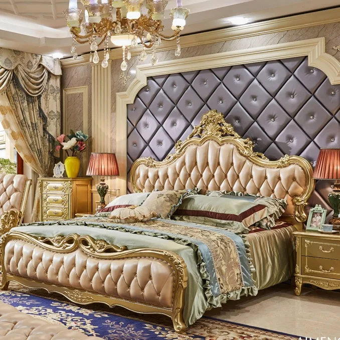 Luxury European Royal Classic Bedroom Furniture Pure Leather Beds Sets