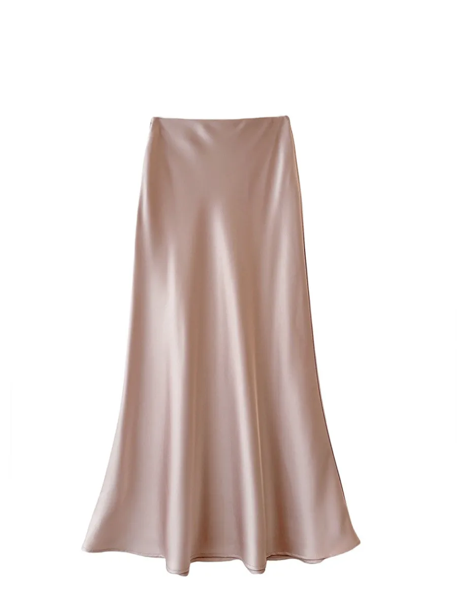 Summer Satin Long Skirt for Women Spring Summer Solid Color Fishtail Skirt Elegant Office Ladies High Waist Solid A-line Skirt