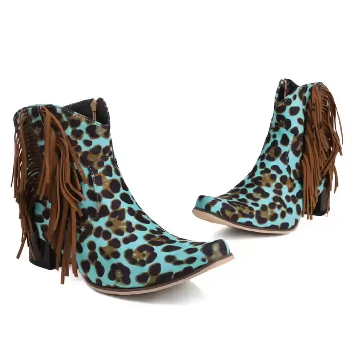 Big Size 35-50 Ladies Cowboy Ankle Tassel Boots 5cm Block Heel Women Horse Riding Western Fringe Boots - Image 1