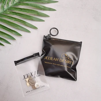 Custom small recyclable eco-friendly plastic black pvc zipper bag with handle for cosmetic jewelry packaging zip lock pouch