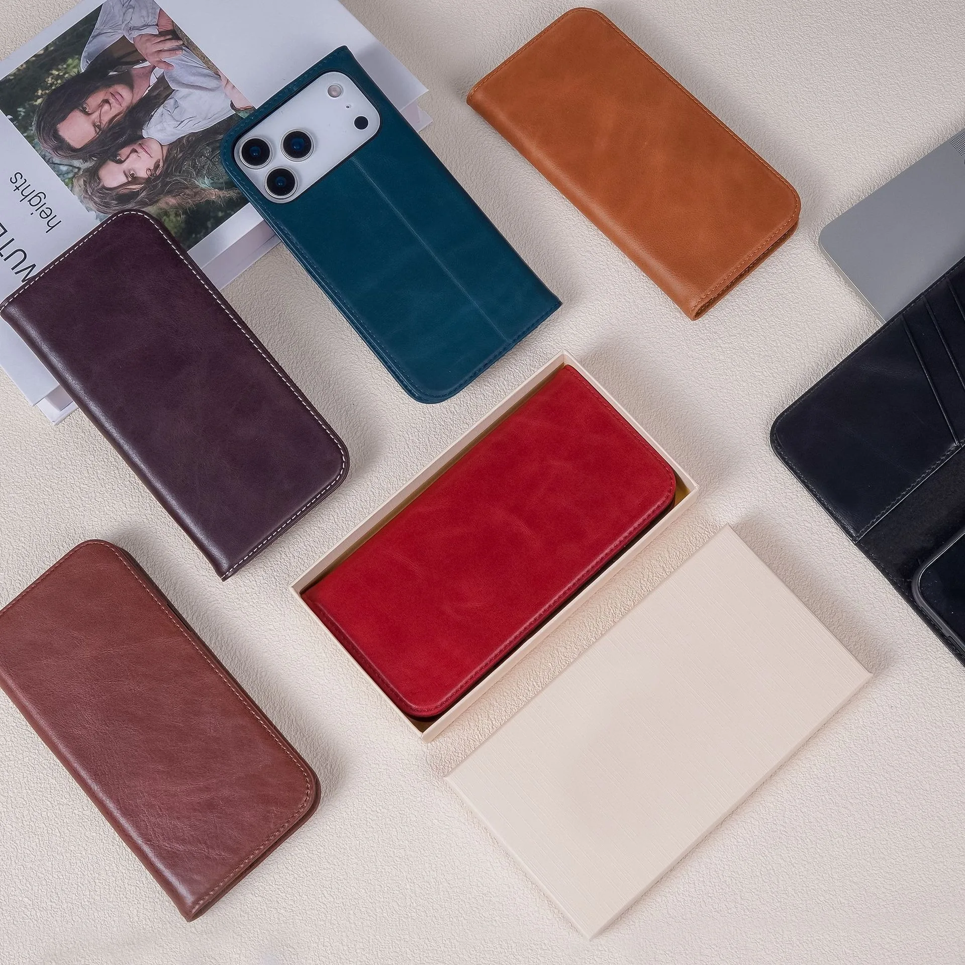 product laudtec flip leather phone cases for iphone 17 air 16 15 pro max wallet card shell simple business shockproof back cover sjk1093-2