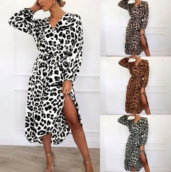 Оптовая продажа, лидер продаж, Повседневное платье с леопардовым принтом и V-образным вырезом, с завышенной талией, женская одежда