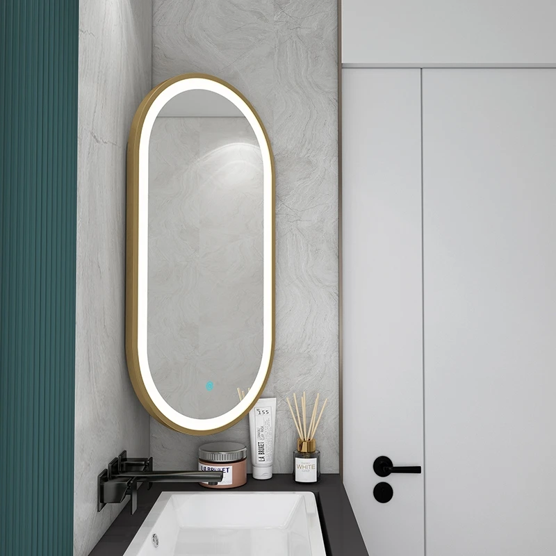 product led smart framed oval makeup vanity with lighted corner bathroom make up telescoping foldable mirror with lights around the edge-0