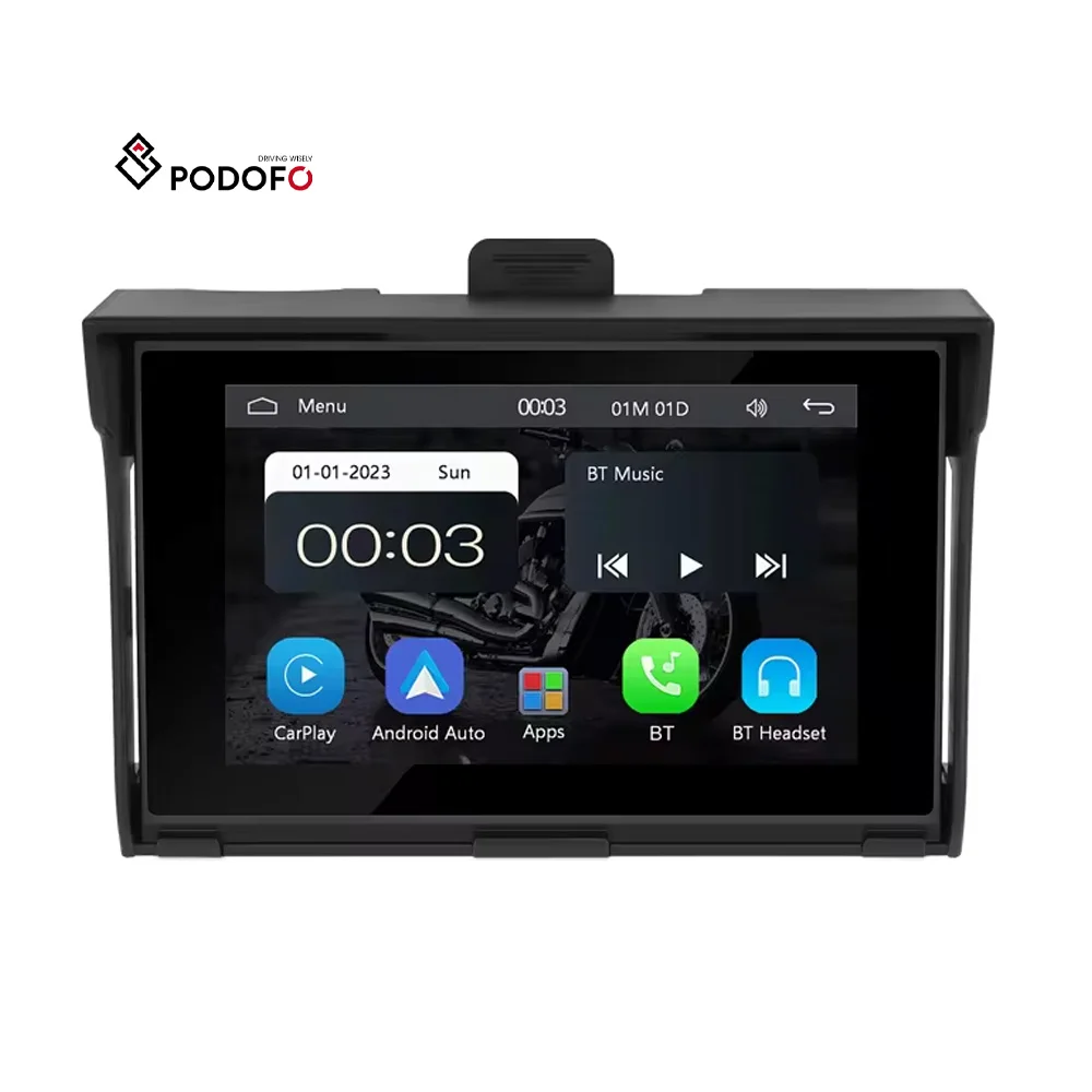 Podofo 5'' Motorcycle Monitor Screen with Portable Wireless Carplay & Android Auto GPS Waterproof Airplay/Android Cast/EQ/BT A3502