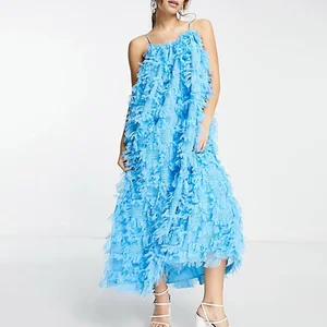 Top Selling Women's Square Neck Trapeze Textured Fixed Strap Blue Mesh Loose Cami Maxi Dress