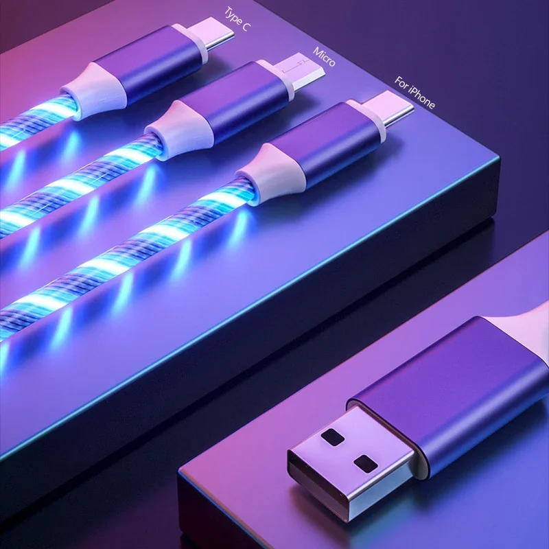 3 in 1 LED Phone Charger Cable TPE USB Type C Micro USB Glowing Charging Cord for Smartphone Tablet