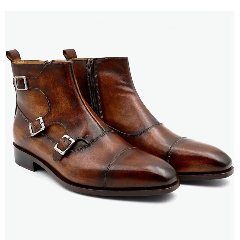 Italian Genuine Boots for Men Leather Best Quality Monk Strap Buckles Men's  Dress Boots Square Toe Ankle Formal Men's Boots