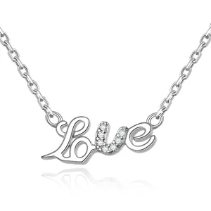 925 Silver Love Letter Pendant Necklace Rhodium Plated Script Word Design with Micro Pave CZ Accent 18 Inch Adjustable Chain